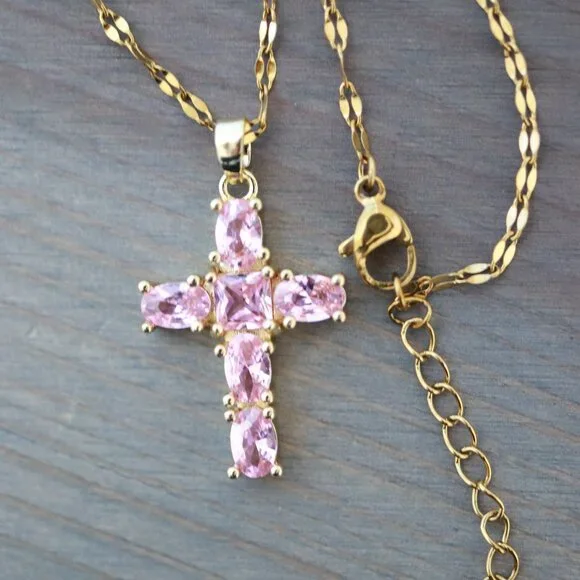 Cross Pendant Pink CZ Necklace 18k Gold Plated Stainless Steel - Picture 2 of 2